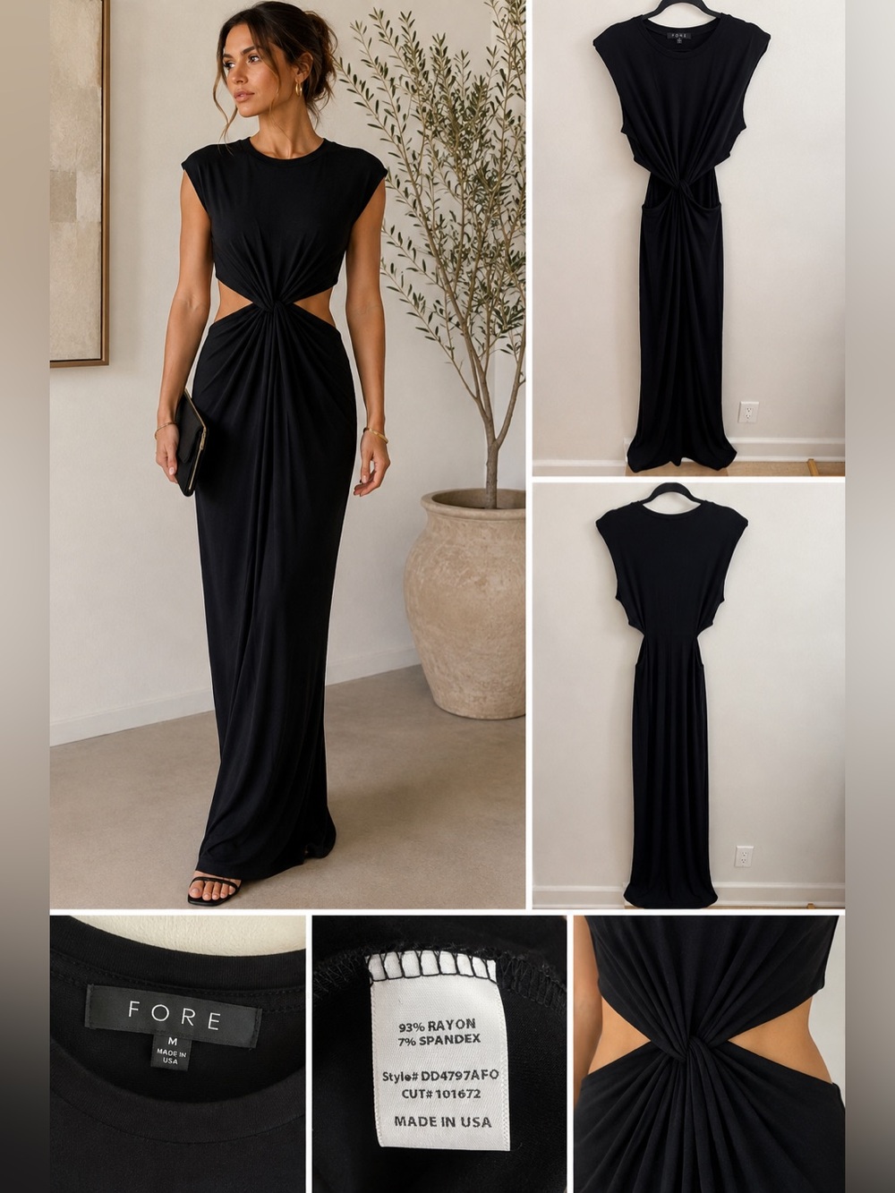 FORE Black Cutout Twist Front Maxi Dress Made in USA Size M